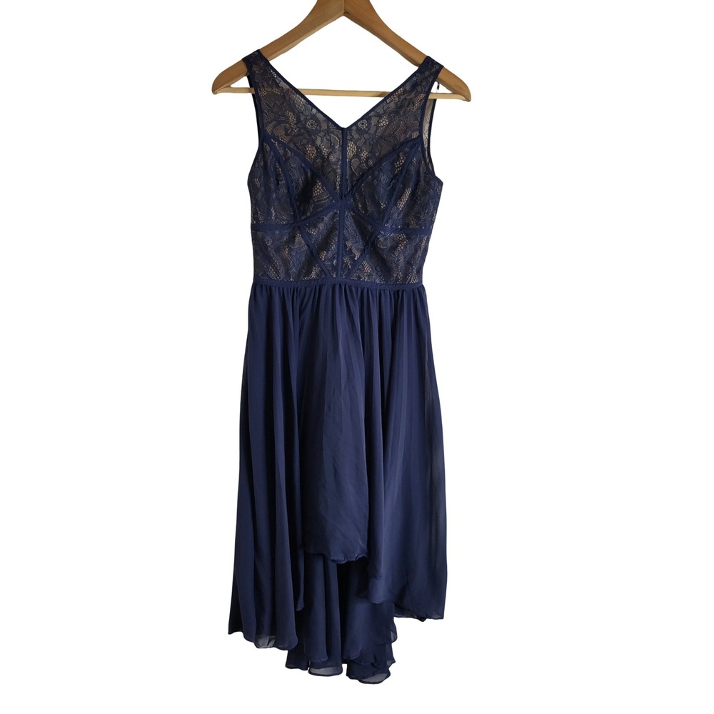 Max and Cleo Navy Blue Lace High Low Chiffon Cocktail Dress 4 Dark Romantic